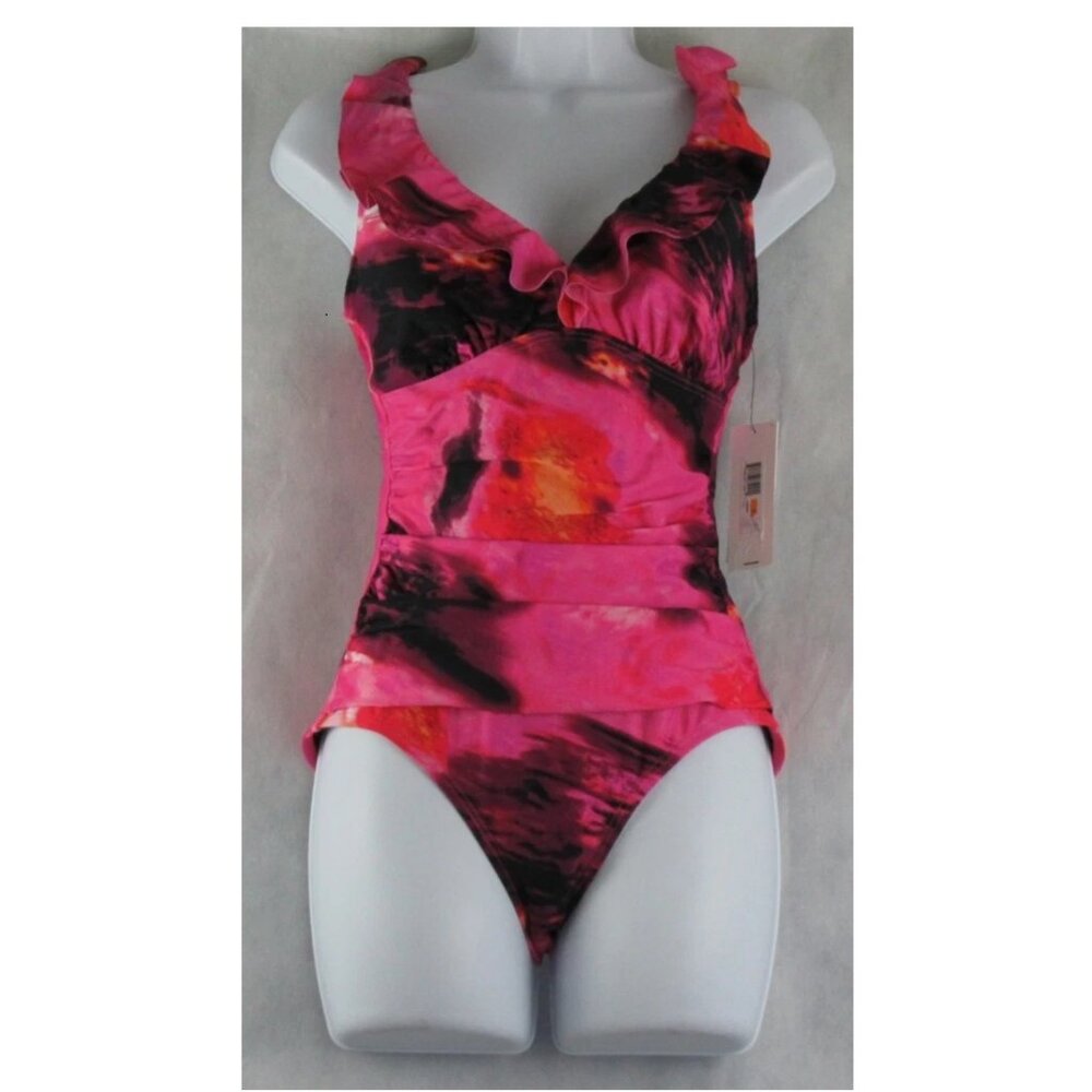 NWT DKNY Women's Ruffle V-Neck One-Piece Swimsuit, Pink Multi, Small